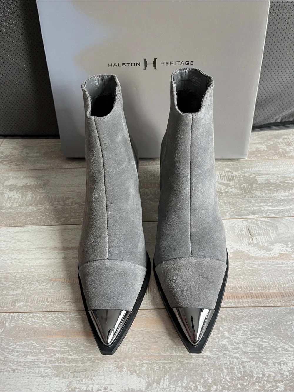 Halston Heritage Gray Suede Pointed Toe Ankle Booties with Silver Metal Cap 7M